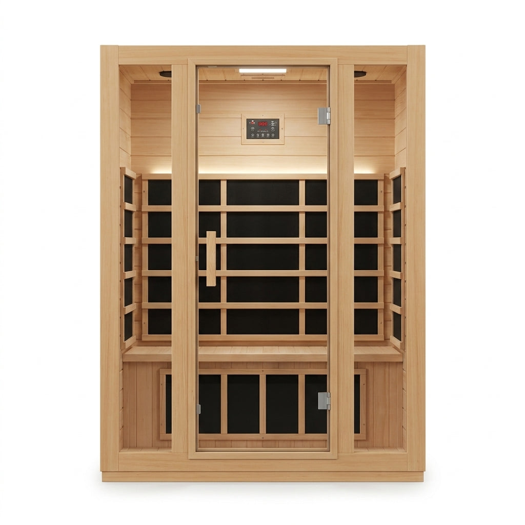 1 Person Extendable FAR Infrared Sauna for Home, Hemlock Wood Low EMF 6 Carbon Heaters Indoor Saunas with LED Lights, Bluetooth Speaker, Digital Control Panel, and Seating Bench — Studio Shot