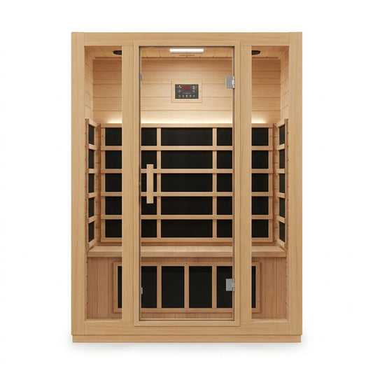 1 Person Extendable FAR Infrared Sauna for Home, Hemlock Wood Low EMF 6 Carbon Heaters Indoor Saunas with LED Lights, Bluetooth Speaker, Digital Control Panel, and Seating Bench — Studio Shot