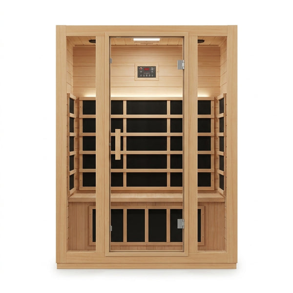 1 Person Extendable FAR Infrared Sauna for Home, Hemlock Wood Low EMF 6 Carbon Heaters Indoor Saunas with LED Lights, Bluetooth Speaker, Digital Control Panel, and Seating Bench — Studio Shot