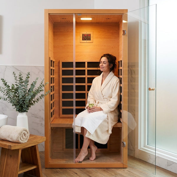 Infrared Sauna Built for Home Wellness, FAR Heaters, Hemlock Wood, LED Lights, Bluetooth Control